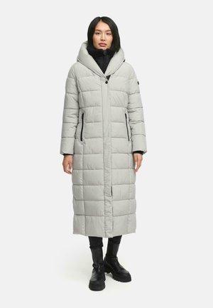 Light gray padded coat with a high collar and large hood, featuring vertical seams, two side pockets, and a mid-calf length.