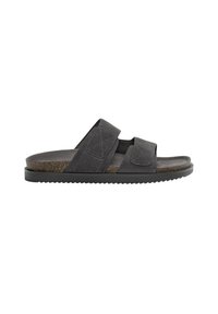 Grå slid-sandaler med to justerbare stropper. Fremstillet af materialer, der minder om ruskind, med en tekstureret indersål og en holdbar sort gummiydersål.