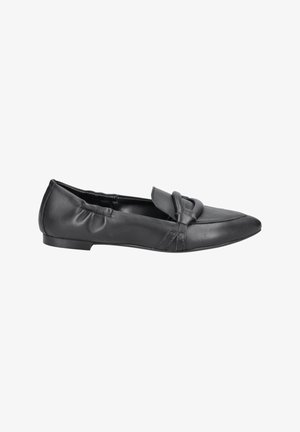 Schwarze Ballerinas aus Leder mit spitzem Schuhkopf, gerafftem Seitendetail und dekorativem Knoten auf dem Blatt. Flache Sohle mit minimalem Absatz.