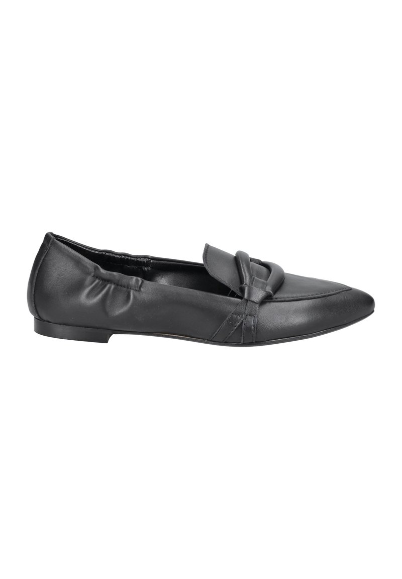 Schwarze Ballerinas aus Leder mit spitzem Schuhkopf, gerafftem Seitendetail und dekorativem Knoten auf dem Blatt. Flache Sohle mit minimalem Absatz.