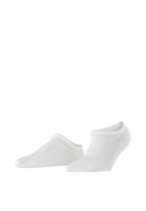 Paire de chaussettes de sport blanches, basses, avec des détails en maille texturée sur un fond blanc uni.
