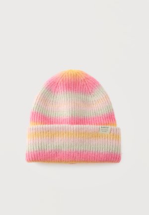 Bonnet en maille côtelée avec bord replié, rayures rose, jaune et vert clair, avec une petite étiquette de marque en tissu sur le bord.