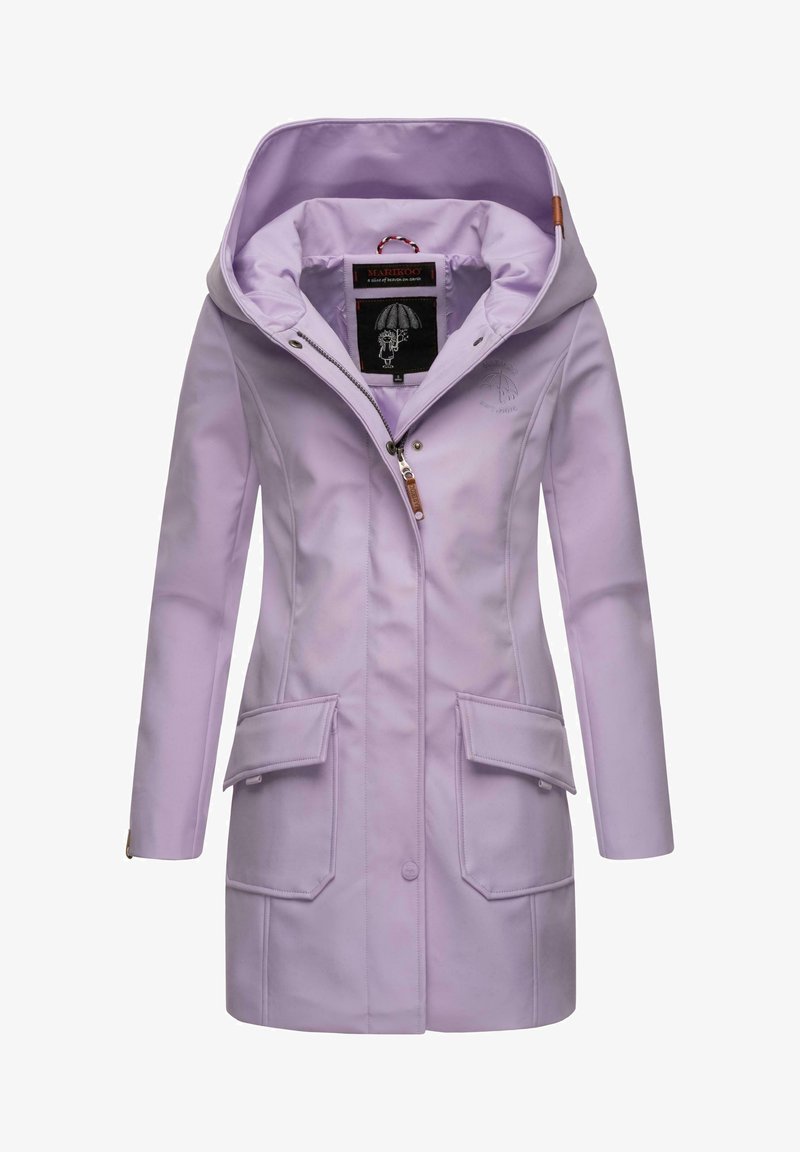 Imperméable à capuche pour femme de couleur violet clair avec fermeture éclair frontale, deux poches à rabat et une doublure intérieure douce.
