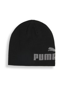 Berretto di maglia nera con una consistenza morbida, caratterizzato da un evidente logo grigio "PUMA" e una piccola silhouette del marchio sul lato.