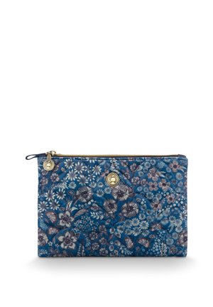 Blue floral quilted pouch featuring a gold zipper and circular hardware. Design includes a variety of flowers and plants in darker shades.