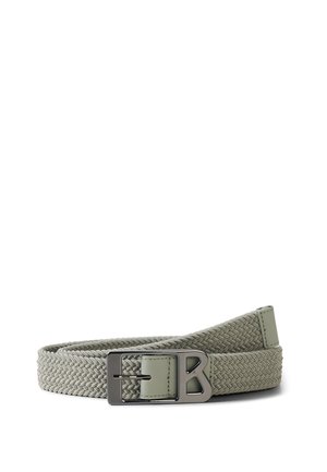 Light gray woven fabric belt with a silver metal buckle featuring a cut-out stylized "B" design.
