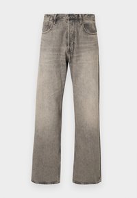 Jeans largi, de culoare gri deschis, din denim cu un finisaj decolorat. Au un design tradițional cu cinci buzunare și un talie cu bucle pentru curea.