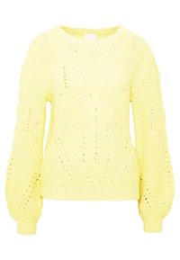 Pull en maille jaune avec un col rond, des manches longues bouffantes et une coupe ample. Présente un motif texturé avec des détails en tricot ajouré.
