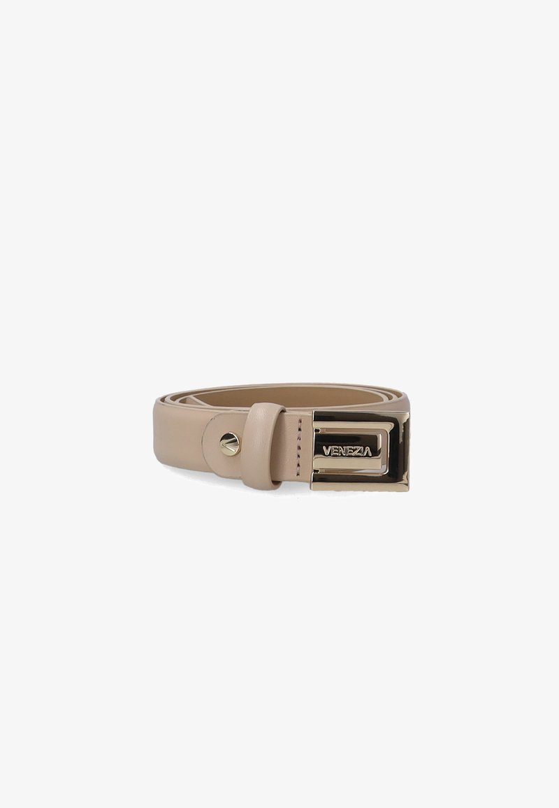 Beige leather belt with a rectangular gold-tone metal buckle. Features a smooth texture and a logo embossed on the buckle.