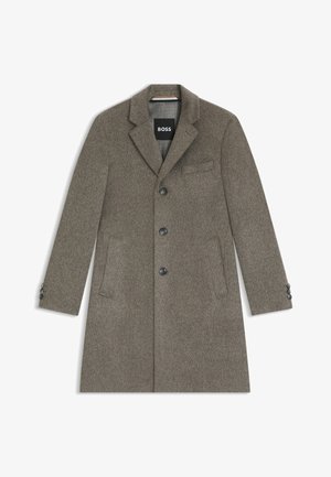 Men's long coat in textured grey wool blend. Notable features include a notch lapel, three front buttons, and two side pockets.