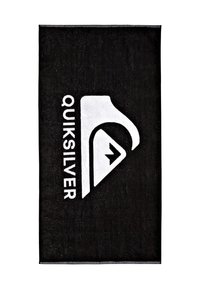 Toalla negra con una textura suave que presenta un gran logo blanco de Quiksilver. Forma rectangular con un logo y un nombre de marca en contraste.