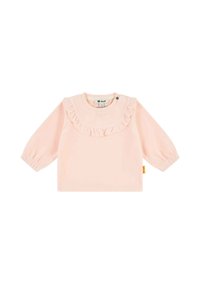 Camisa de manga larga de color rosa claro con cuello fruncido y mangas abullonadas. Diseño simple con cierre a presión en el cuello. Textura de tela suave.