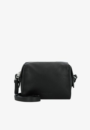 Borsa a tracolla nera in pelle con superficie texturizzata, forma rettangolare, chiusura con zip, tracolla regolabile e dettagli in metallo argentato.