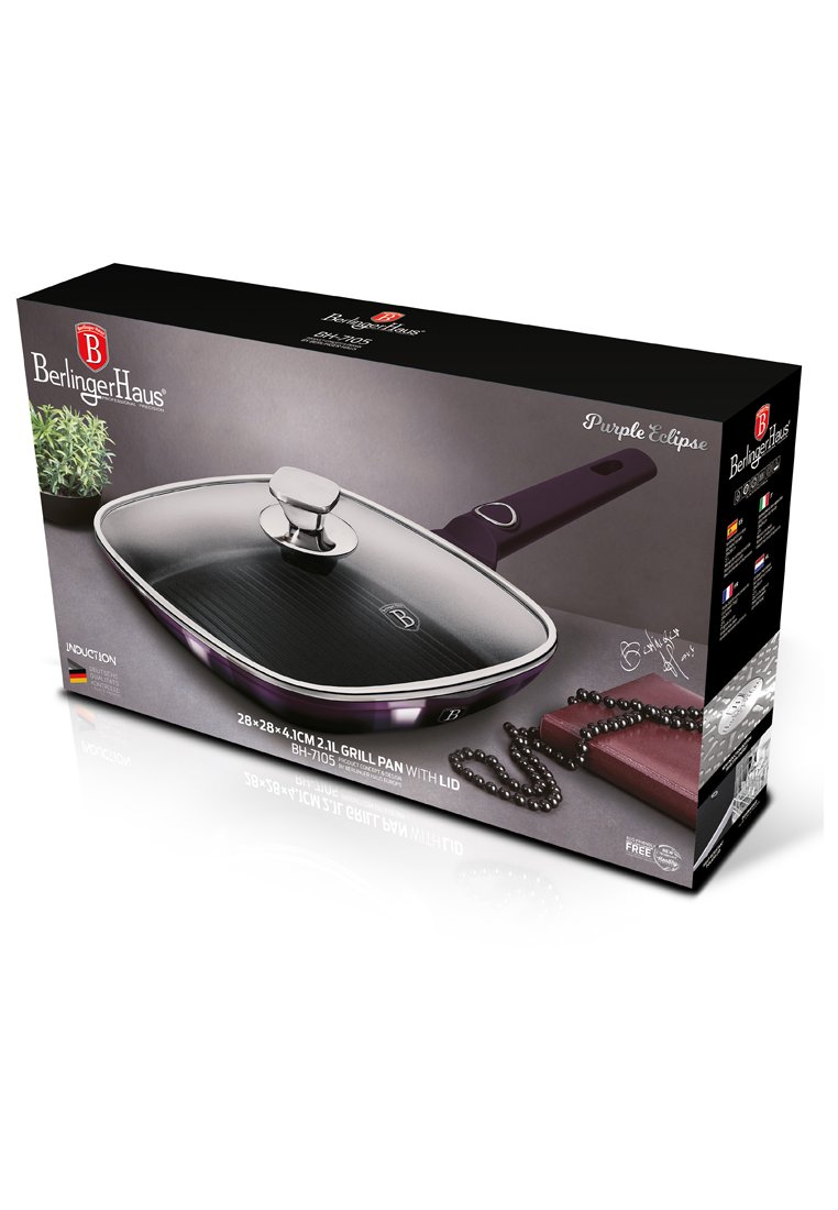Patelnia grillowa BerlingerHaus Purple Eclipse z pokrywką, czarna powłoka nieprzywierająca, fioletowe akcenty, prostokątny kształt i metalowy uchwyt.