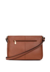 Borsa a tracolla in pelle marrone con finitura texturizzata, dotata di tasca frontale con zip e tracolla regolabile per maggiore comodità.