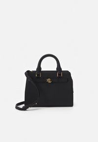 Sac à main en cuir noir avec une forme structurée, deux poignées et une bandoulière réglable. Dispose de quincaillerie dorée et d'un accent de logo.