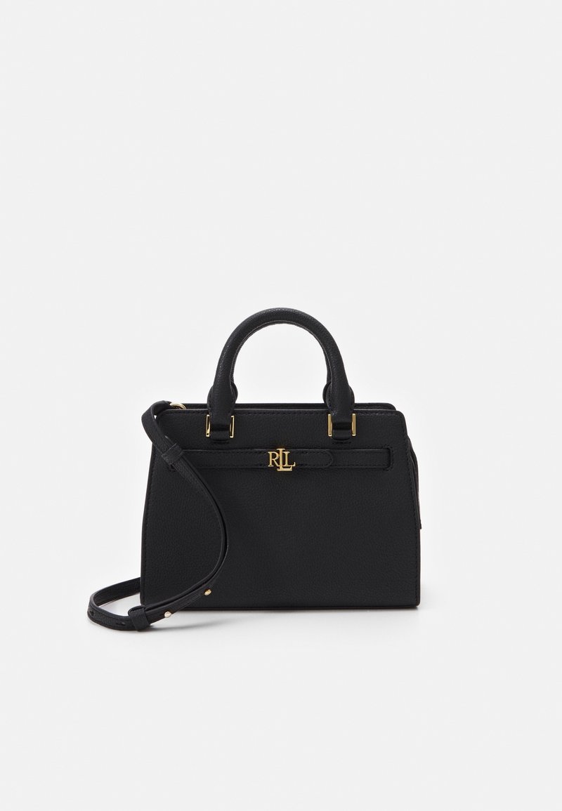 Schwarze Lederhandtasche mit strukturiertem Design, doppelten Griffen und verstellbarem Schulterriemen. Ausgestattet mit goldfarbenen Beschlägen und Logo-Akzent.