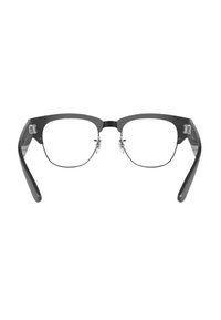 Grijze acetaatbril met een rechthoekige vorm, transparante glazen, metalen accenten op het scharnier en rechte pootjes.