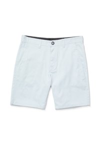 Light blue shorts made of smooth fabric, featuring side pockets, a front button closure, and a black waistband accent.
