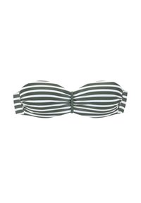 Bandeau bikini gornji dio s vertikalnim prugama u zelenoj i bijeloj boji, glatkog materijala, te središnjim kopčanjem za sigurno zatvaranje.