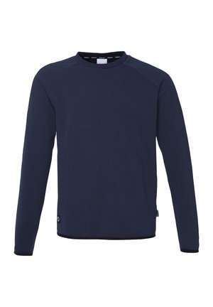 Marineblå sweatshirt med lange ærmer, rund hals, raglanærmer og en glat tekstur. Har et grønt label ved kanten og diskret syninger.
