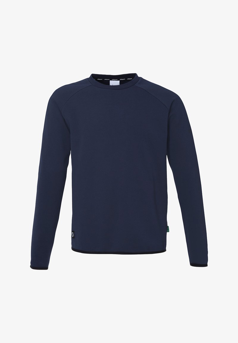 Sweatshirt bleu marine à manches longues avec un col rond, des manches raglan et une texture lisse. Présente une étiquette verte à l'ourlet et des coutures discrètes.