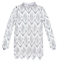 Blouse blanche en dentelle à manches longues avec motif floral et losanges festonnés, col montant, ourlet et poignets festonnés.