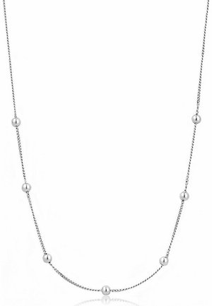 Silberne Kettenhalskette mit gleichmäßig verteilten, kugelförmigen Perlen, einem filigranen, verdrehten Glieddesign und einer glänzenden Oberfläche.