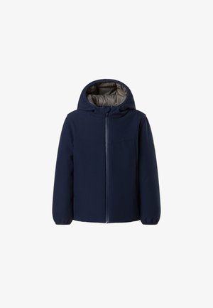 Giacca blu navy con cerniera frontale, cappuccio e polsini elasticizzati. Caratterizzata da un esterno liscio e una fodera interna beige a contrasto.