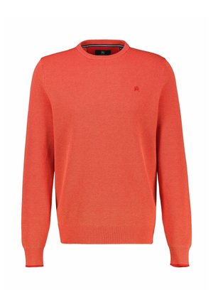 Pomarańczowy sweter z dzianiny z długimi rękawami, ściągaczem na szyi, mankietach i dole, z delikatnym, fakturowanym wzorem i małym logo.