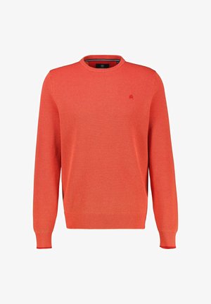 Pomarańczowy sweter z dzianiny z długimi rękawami, ściągaczem na szyi, mankietach i dole, z delikatnym, fakturowanym wzorem i małym logo.