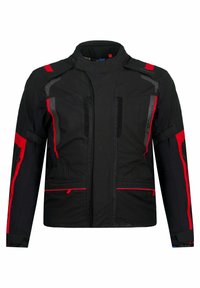 Schwarze Jacke mit roten und grauen Akzenten, strukturiertem Design, hohem Kragen, mehreren Taschen und strapazierfähigem Stoff. Ausgestattet mit Reißverschlussverschlüssen.