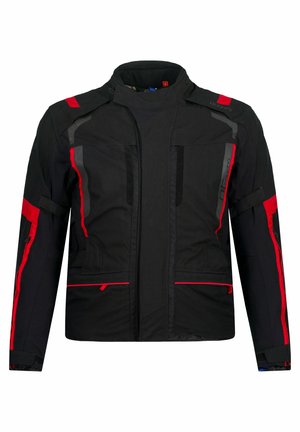 Czarna kurtka z czerwonymi i szarymi akcentami, o szkieletowej konstrukcji, z wysokim kołnierzem, wieloma kieszeniami i trwałym materiałem. Posiada zapięcia na zamek.