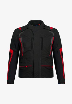 Zwarte jas met rode en grijze accenten, gestructureerd ontwerp, hoge kraag, meerdere zakken en duurzame stof. Voorzien van ritssluitingen.