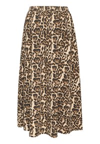 Jupe en imprimé léopard avec une taille élastique, fabriquée dans un tissu doux. La jupe présente des nuances de beige et de marron dans un design fluide et plissé.