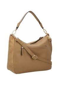 Taschenhandtasche aus braunem Leder mit strukturiertem Finish, geschwungener Form, goldfarbenen Beschlägen, einem Schulterriemen und einer vorderen Reißverschlusstasche.