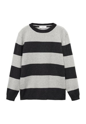 Sweter z długim rękawem i okrągłym dekoltem, z naprzemiennymi szerokimi poziomymi paskami w ciemnoszarym i jasnoszarym kolorze.