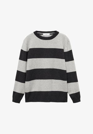 Pull col rond à manches longues avec des rayures horizontales larges alternant gris foncé et gris clair.