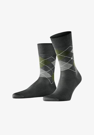 Calzini grigi con un motivo argyle in tonalità di verde e grigio, con accenti bianchi. Realizzati in un materiale morbido ed elastico.