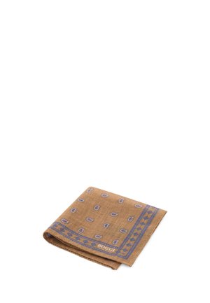 Pochette pliée marron avec motifs paisley bleus et motifs géométriques en bordure, avec un petit logo "Bogli".