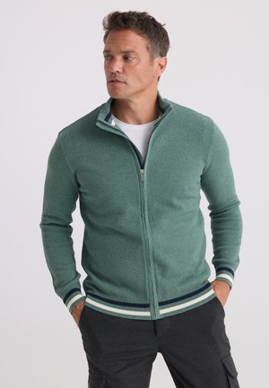 Homme portant un pull zippé vert texturé avec des poignets et un ourlet rayés, un sous-vêtement blanc et un pantalon foncé, regardant vers sa gauche.