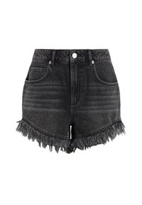 Shorts in denim nero con vita alta, caratterizzati da un orlo sfrangiato grezzo e tasche frontali. Il tessuto ha una finitura sbiadita e una sottile texture.