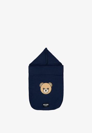 Gigoteuse pour bébé bleu marine avec capuche, ornée d'un motif de visage d'ours en peluche et d'une étiquette "Moschino Baby" en bas.