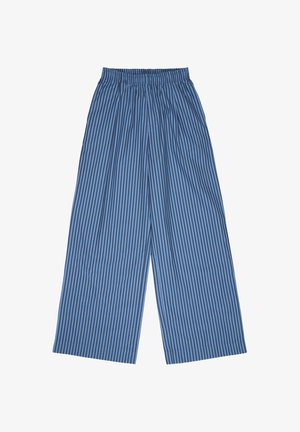 Blaue und schwarze, vertikal gestreifte, weiter geschnittene Hosen mit elastischem Bund und lockerem Sitz.