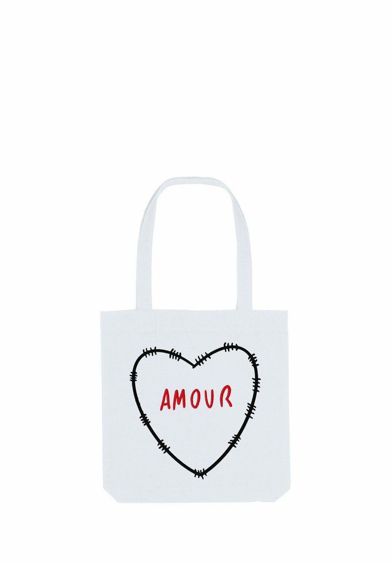 Weißer Canvas-Shopper mit einer schwarzen, gestickten Herzumrandung und dem Wort "AMOUR" in Rot, zentriert im Herzen.