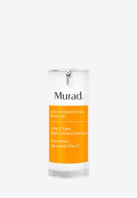 Durchsichtige Plastikflasche mit einer silbernen Verdrehpumpe. Verfügt über ein oranges Etikett mit weißem Text, der "Murad Environmental Shield Vita-C Eyes" angibt.