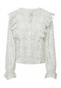 Hellgrüne Bluse mit langen Ärmeln, Rüschensaum am Kragen und den Ärmelöffnungen, verziert mit filigranen Blumenmustern aus Lochstickerei und einer Knopfleiste.