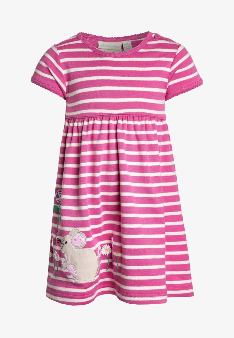 Robe à manches courtes rayée rose et blanche pour tout-petit, avec une souris et des fleurs brodées sur le bas de la jupe, et des détails de boutons à l'épaule.