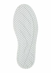 Weiße Gummisohle mit Fischgrätmuster, glatter Textur und dem Markennamen "s.Oliver" in der Nähe der Ferse. Größe 37 angegeben.