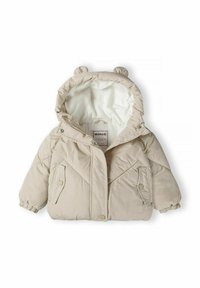 Beige pufferjacka med björnoverhör, dragkedja, tryckknappar, diagonalt kviltat mönster, elastiska manschetter och en mjuk vit foder.